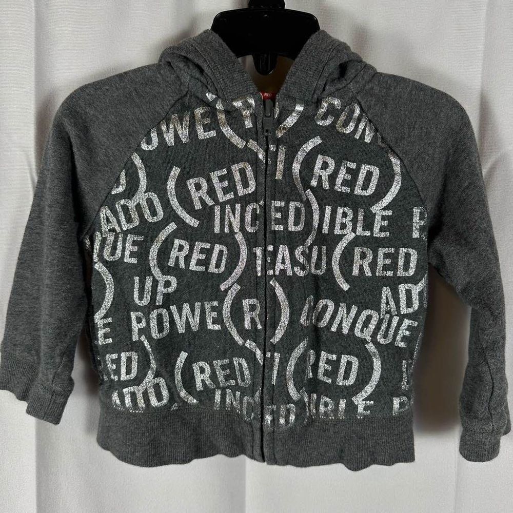 Baby Gap Gray & Silver RED Zip Up Hooded Sweatshirt Jacket Fleece 18-24 Months
